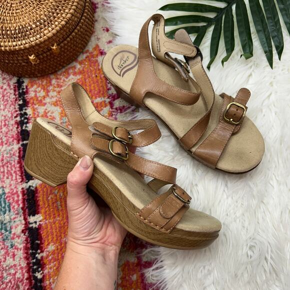 Dansko Tan Brown Strappy Heeled Platform Leather Sancho Sandal 38 / 7.5-8 - Picture 1 of 9
